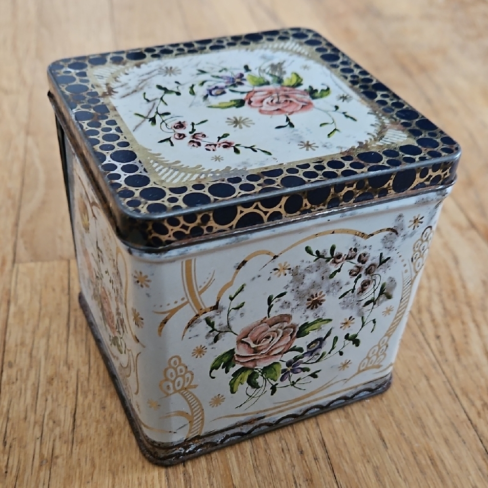 Vintage Square Tin With Floral Design